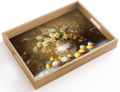 Dienblad hout 40x30 cm - Schootdienblad - Paaseieren - Stilleven - Vaas - Borrelplank rechthoek - Plateau dienbladen