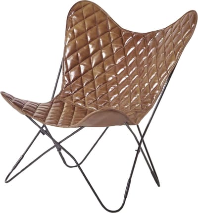 Homescapes - Vlinder fauteuil - bruin leer met ruitpatroon