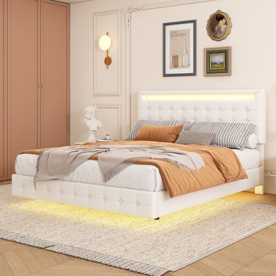 MODENUIT Bed 140x200 cm – Verstelbaar Hoofdbord met Ledverlichting – Zwevend Ontwerp – Zonder matras – Pu – Wit