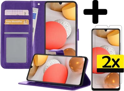 Hoesje - Met 2x Screenprotector - Geschikt voor Samsung Galaxy A42 - Luxe Pasjeshouder - Bookcase Portemonee - Flip Case - Kunstleer Book Case - Flipcase Hoes - Book Cover - Walletcase - Portemonneehoes - Telefoonhoesjes - Paars