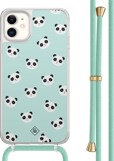Casimoda® hoesje met mintgroen koord - Geschikt voor iPhone 11 - Panda Print - Afneembaar koord - TPU/acryl - Mint