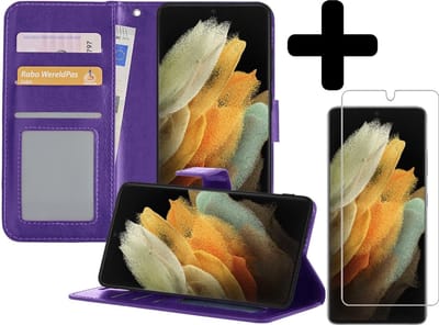 Hoesje - Met Screenprotector - Geschikt voor Samsung Galaxy S21 Ultra - Luxe Pasjeshouder - Bookcase Portemonee - Flip Case - Kunstleer Book Case - Flipcase - Book Cover - Walletcase - Portemonneehoes - Telefoonhoesjes - Paars