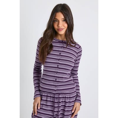 boohoo Dames Gestreepte ribtop met knoopsluiting en lange mouwen | Purple | Maat: 12