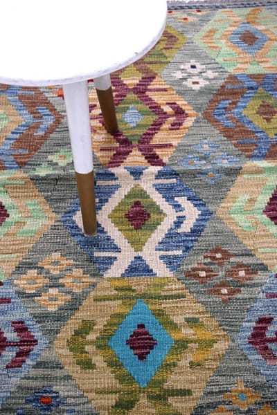 Kleurrijk Tapijt Laagpolig Handgeweven Wollen Vloerkleed - Koho Afghan Kelim 126x91 - 126x91cm- Modern - Woonkamer - Salon - Slaapkamer - Eetkamer