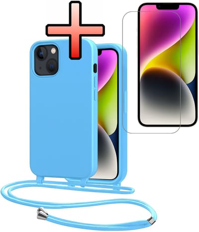 Hoes Geschikt voor iPhone 13 Mini Met Telefoonkoord Met Screenprotector - Siliconen Hoesje Backcover Met Ketting - Lichtblauw
