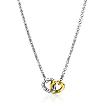 Zinzi zilveren collier bicolor 2 hartjes in elkaar waarvan 1 met zirkonia ZIC2276