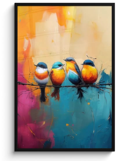 Poster in lijst - Fotolijst 80x120 cm - Posters - Vogels - Kleurrijk - Tak - Abstract - Posterlijst zwart - Decoratie - Wanddecoratie woonkamer - Muurdecoratie slaapkamer