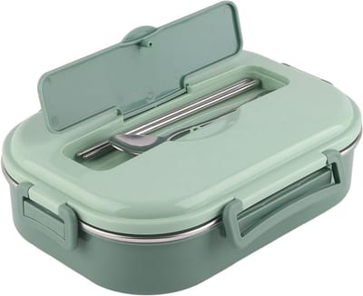 Portabele Lunchbox - Bento Box Maaltijdbox - Werk en Buitenactiviteiten - Roestvrij Staal 4 Vakken - 26x18.5x8 cm - Groen