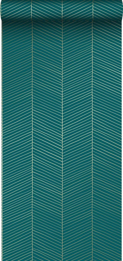 ESTAhome behang visgraat-motief smaragd groen en goud - 53 cm x 10.05 m - 139200