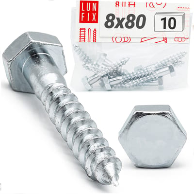 LUN FIX - Houtschroeven 8 X 80 mm - 10 stuks - DIN571 - Zeskantkop - Verzinkt staal - Houtbouwschroeven