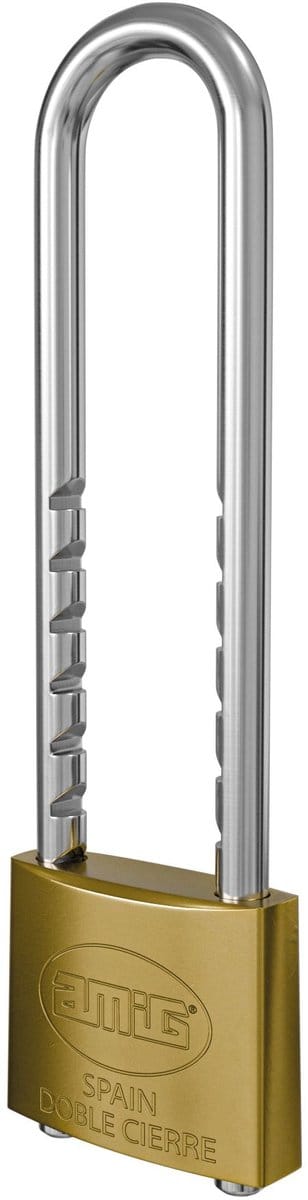 AMIG Messing Hangslot - Extra Lange Verstelbare Beugel 60-150mm - 50mm Breed - Dubbele Sluiting - 2 Sleutels