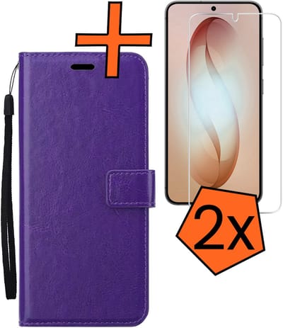 Hoes - Met 2x Screenprotector - Geschikt voor Samsung Galaxy S26 - Luxe Pasjeshouder - Bookcase Portemonee - Flip Case - Kunstleer Book Case - Flipcase Hoes - Book Cover - Walletcase - PortemonneeHoes - Paars