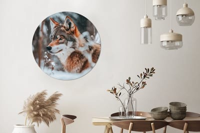 WallCircle - Wandcirkel - Muurcirkel - Wolf - Sneeuw - Winter - Dieren - Natuur - Sneeuw - Aluminium - Dibond - 90x90 cm - Binnen en Buiten