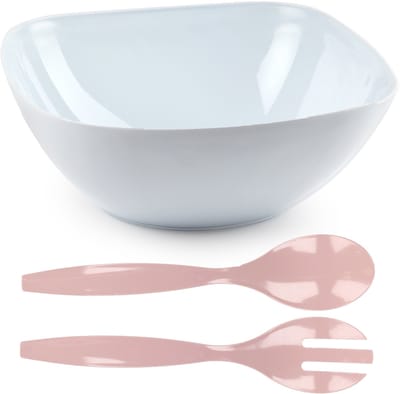 Plasticforte Salade/sla serveerschaal - wit - kunststof - D28 x H11 cm - met sla bestek in het roze - 29 cm