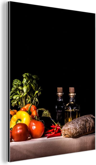 Aluminium schilderij 60x80 cm - Wanddecoratie metaal - Stilleven - Eten - Drinken - Fruit - Zwart - Metalen muurdecoratie woonkamer - Decoratie industrieel - Foto op dibond - Industriële accessoires slaapkamer