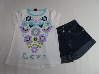 Ensemble - Meisje - Tshirt wit met tekening en een jeans shortje - 4 jaar 104