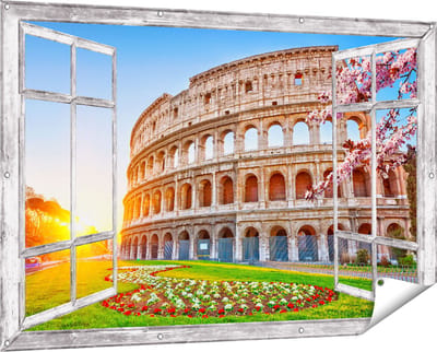Gards Tuinposter Doorkijk Colosseum bij Zonsopgang in Rome, Italië - 150x100 cm - Tuindoek - Tuindecoratie - Wanddecoratie buiten - Tuinschilderij