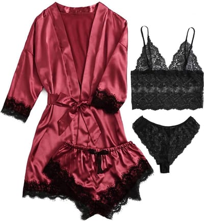 Body4Everybody - 4-delig - Nachtkleding set bordeaux L - nachtkleding - kimono - nachtjapon - badjas - ochtendjas - satijn - lingerie set - bodysuit - sexy - pyjama