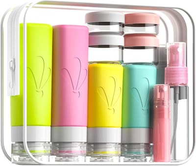 Famanu – Set van 17 siliconen reisflessen met etiketten - reisformaatcontainers - BPA-vrij - lekvrije - knijpbare siliconen slangen voor shampoo - spoeling - lotion - zeep