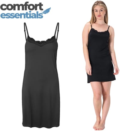 Comfort Essentials - Onderjurk Zwart - Kort Met Kant - L/XL - Spaghetti Bandjes - Nachthemd -Nachtjapon - Microfiber - Slipdress - Anti-statisch