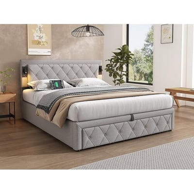 ModernLuxe Opbergbed 160x200cm in linnenstof - met leeslampje en USB-aansluiting - met lattenbodem - Grijs