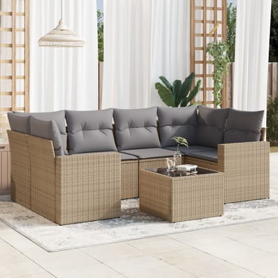 vidaXL - 7-delige - Loungeset - met - kussens - poly - rattan - beige