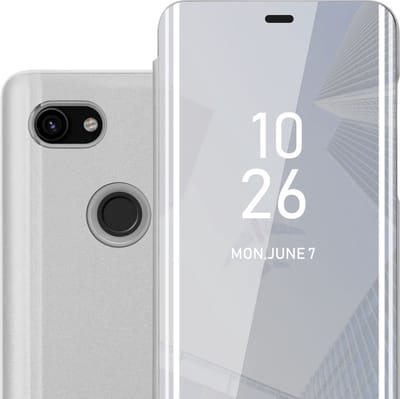 Cadorabo Hoesje geschikt voor Google PIXEL 3A XL in AGAAT ZILVER - Clear View Spiegel Beschermende Case met Tribunefunctie 360 Graden Bescherming Book Case Cover Etui