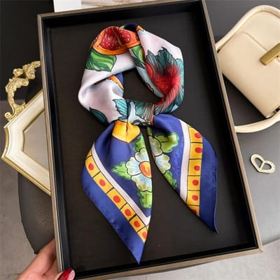 Citroenprint Zijden Vierkante Sjaal Dames Luxe Zacht Satijnen Zakdoek Dunne Nek Sjaal Mode Zonwerend Hoofddoek Voor Dames Tas Lint 70X70CM blue