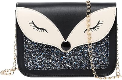 Mini schoudertas voor meisjes met kettingriem - modieuze crossbody tas met voorvak en afneembare schouderband, ideaal voor kleine meisjes, zwart met vosdesign, 18.5cm x 4.5cm x 13cm