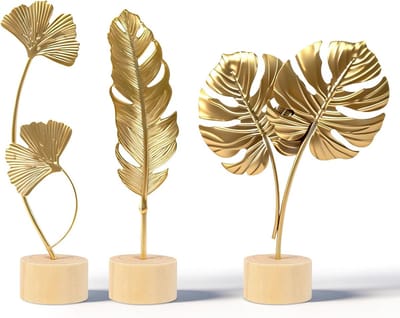 Decoratieve ginkgobladeren set van 3, metalen bloemstukken, monstera en veren, uniek handgemaakt kunstwerk voor interieurdecoratie