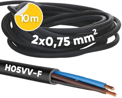 10 meter Kalitec H05VV-F flexibele kabel 2x0,75 mm² | Stroomkabel zonder beschermingsgeleider | PVC-kabel voor binnengebruik | Zwarte elektrische kabel | Flexibele lampkabel | 2-aderige apparaatkabel