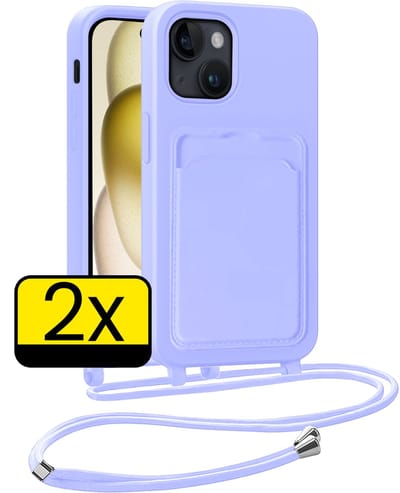 Hoesje Geschikt voor iPhone 14 Pro Max Telefoonhoesje Met Koord Case Pashouder Siliconen - Hoes Geschikt voor iPhone 14 Pro Max Hoesje Met Kaarthouder - Lila - 2 Stuks