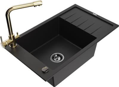 Mexen Elias granieten gootsteen 1-kamer met afdruiprek en keukenkraan Duero, zwart - 6511-77-671600-50-B