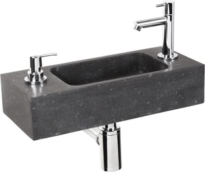 Differnz Sapon fonteinset - 42x18.5x9cm - Rechthoek - 1 kraangat - Met sifon fontein en afvoerplug - Natuursteen Zwart