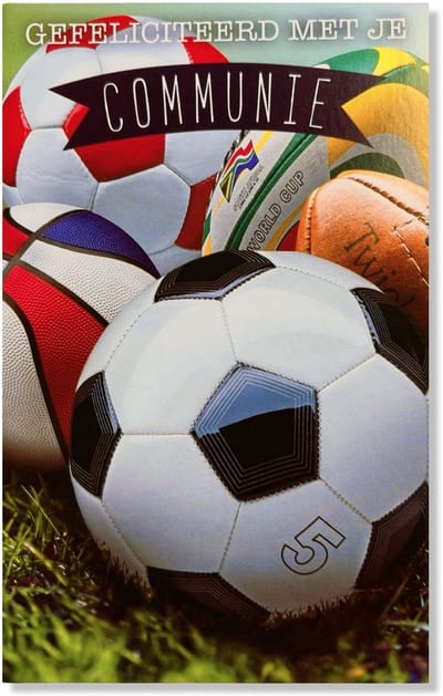 Communie Wenskaart Ballen / Sport - 12x17cm - Gevouwen kaart inclusief envelop - Communiekaart