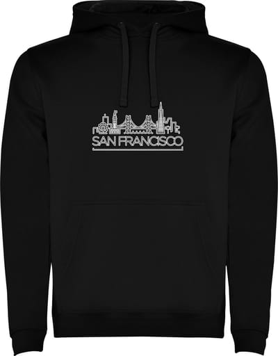 Zwarte unisex hoodie met “ Skyline San Francisco – Vakantiegevoel – Strak – Modern “ Print Full Color Color merk Roly maat S