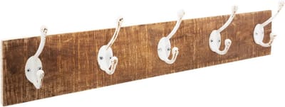 Atmosphera Kapstok rek wand/muur - bruin - 5 ophanghaken/10 knoppen - Mango hout/Metaal - B74 x H15 cm