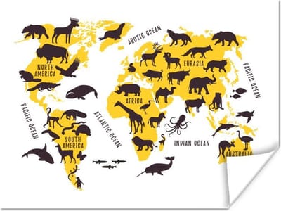 Poster - Wereldkaart - Dieren - Geel - 40x30 cm
