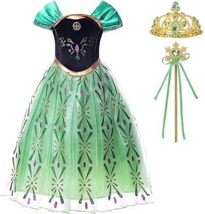 Frozen prinsessenjurk meisje - Anna groene jurk - Het Betere Merk - Prinsessen speelgoed - maat 98/104 (110)- Verkleedkleren Meisje- Tiara - Kroon - Toverstaf prinses