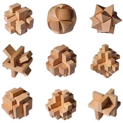 9 Delige Houten Puzzelset - Educatief Speelgoed voor Kinderen en Volwassenen, Denkspellen voor Intelligentie en Creativiteit