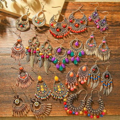 12 paar Boho Vintage Oorbellen voor Dames Vakantie Hofstijl Handgemaakt Kwastje Oorhanger Dagelijks Gebruik Werk Feest Decoraties Cadeau Veelzijdig brown