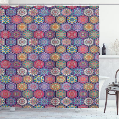 New Bed, Mandala Oosters Hexagon Motief Douchegordijn Badkamer Decor Set met Haakjes, 180 cm B 200 cm L