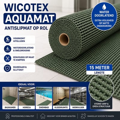 Wicotex - Aquamat Antislipmat op Rol – 15 meter – Waterdoorlatende Vloermat – Op Maat te Knippen – Voor Badkamer, Horeca, Keuken en Zwembad- Kleur Groen