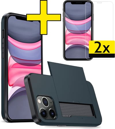 Hoesje Geschikt voor iPhone 11 Pro Hoesje Case Pashouder Hard Cover Met 2x Screenprotector - Hoes Geschikt voor iPhone 11 Pro Hoesje Met Kaarthouder - Donkerblauw