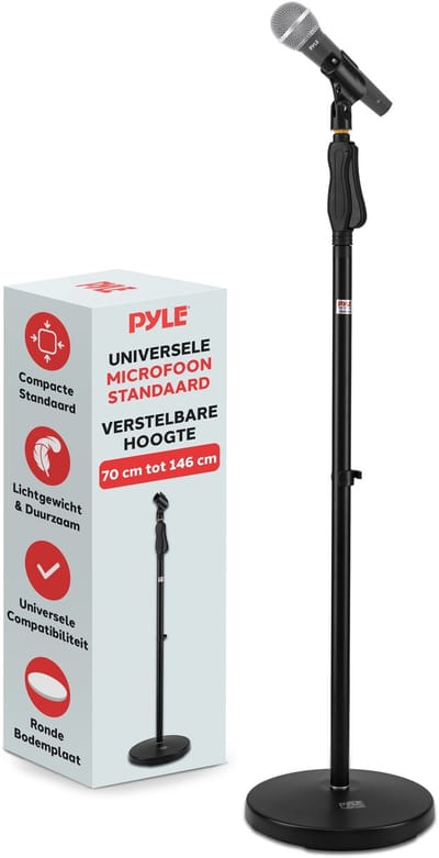 Pyle Microfoonstandaard – Verstelbare Hoogte 70–146 cm – Met M-6 Microfoonhouder – Ronde Bodemplaat – Lock-Tight Verstelknop