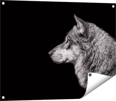 Gards Tuinposter Wolvenkop - Wolf - Zwart Wit - 80x60 cm - Tuindoek - Tuindecoratie - Wanddecoratie buiten - Tuinschilderij