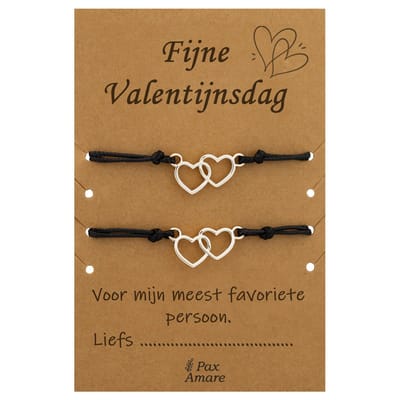 Koppel Armbandjes voor 2 "Fijne Valentijnsdag" - Verbonden Hartjes - Vriendschapsarmbandjes met Persoonlijk Cadeau Kaartje - Zilverkleurig - Elastisch Verstelbaar - Pax Amare