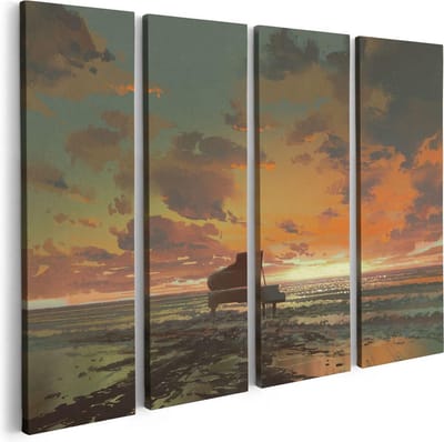 Artaza Canvas Schilderij Vierluik Piano op het Strand bij Zonsondergang - 80x60 - Foto Op Canvas - Canvas Print