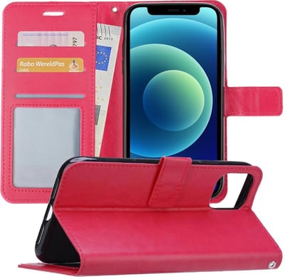 Hoesje - Geschikt voor Apple iPhone 12 - Luxe Bookcase - Walletcase Hoes - Portemonnee - Cover - Telefoonhoes - Donkerroze