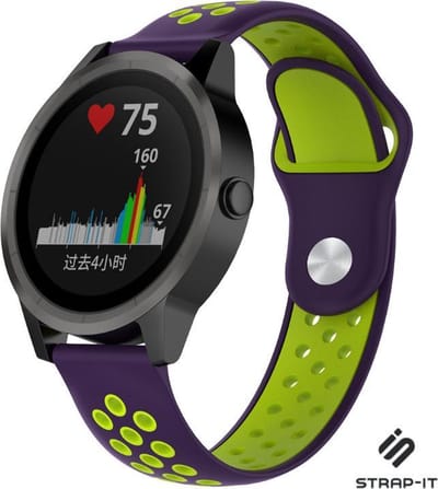 Strap-it Siliconen sport bandje - geschikt voor Garmin Vivoactive 3 / Vivoactive 5 / Venu / Venu SQ / Vivomove HR / Forerunner 245 / 570 - 42mm / 645 - paars/groen